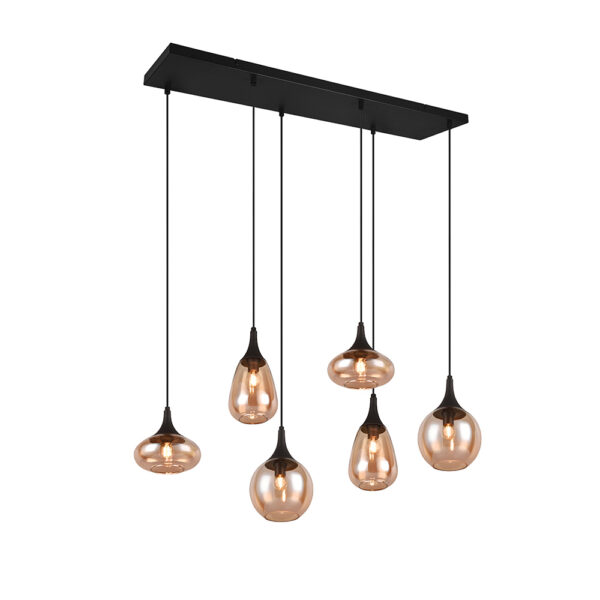 Hanglamp 6-lichts - E14 - 150 cm hoog - zwart met amberkleurig glas