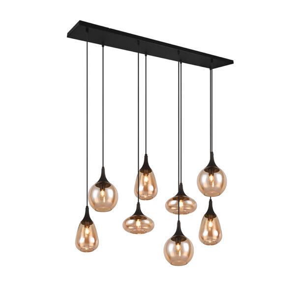 Hanglamp 9-lichts glas - E14 - 150 cm hoog - zwart met amberkleurig glas