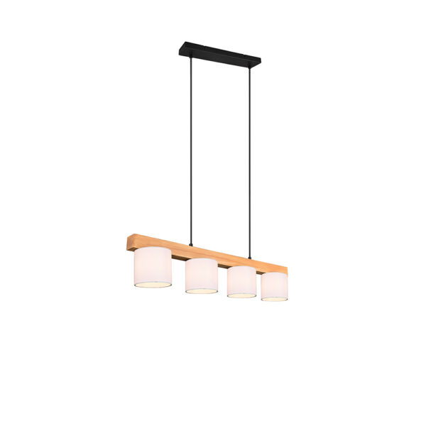 Hanglamp 4 lichts met houten balk - E14 - 150 cm hoog - wit