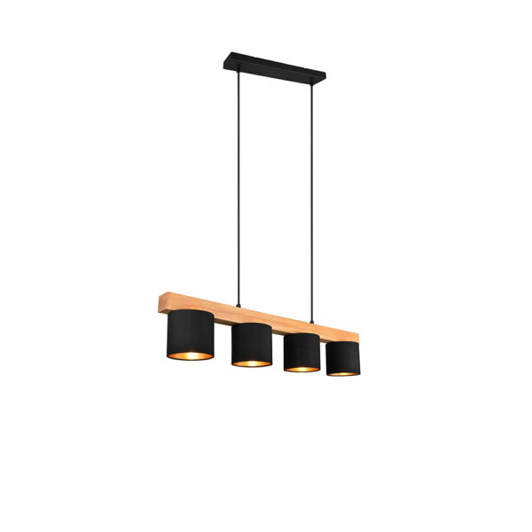 Hanglamp 4 lichts met houten balk - E14 - 150 cm hoog - zwart met goud