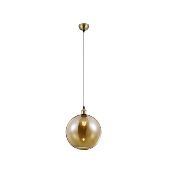 bolvormige hanglamp met amberglas - E27 - 150 cm hoog - brons