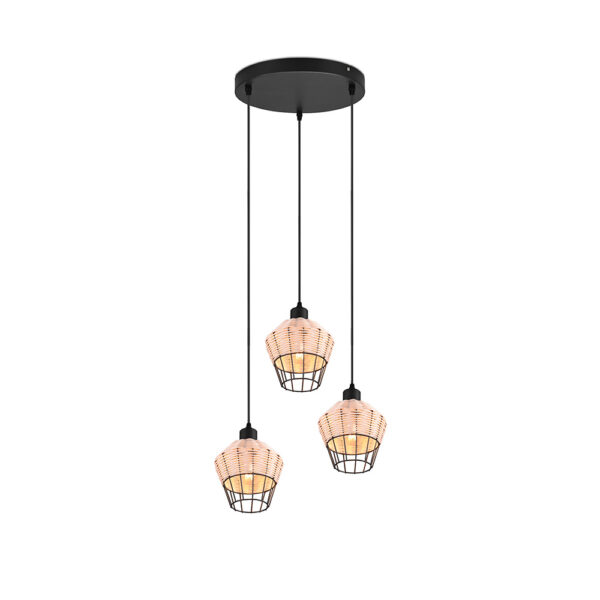Boho hanglamp met 3 lichtpunten - E27 - 150 cm hoog - rotan zwart