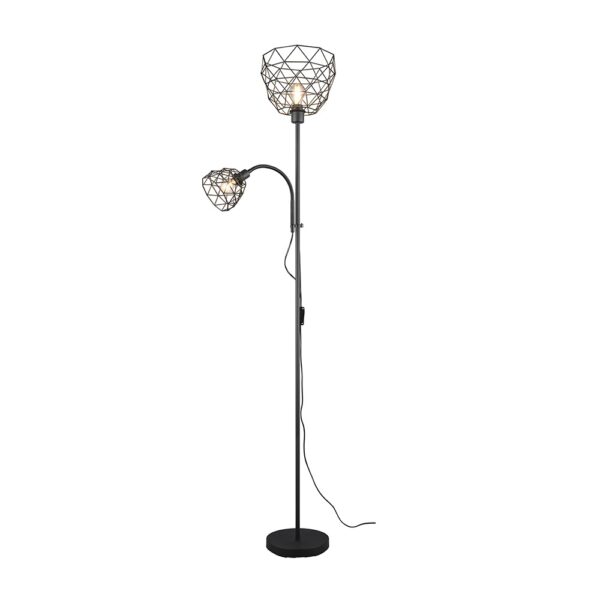 Industriële vloerlamp met draadkap en leeslamp - E27 - 180 cm hoog - zwart