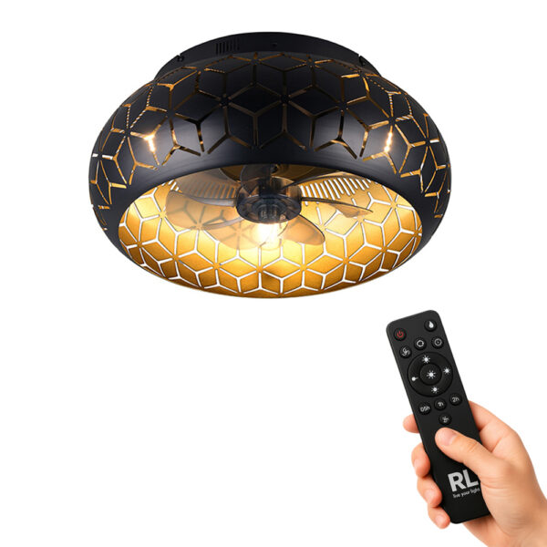 Design plafondventilator - E27 - dimbaar - met afstandsbediening - zwart goud
