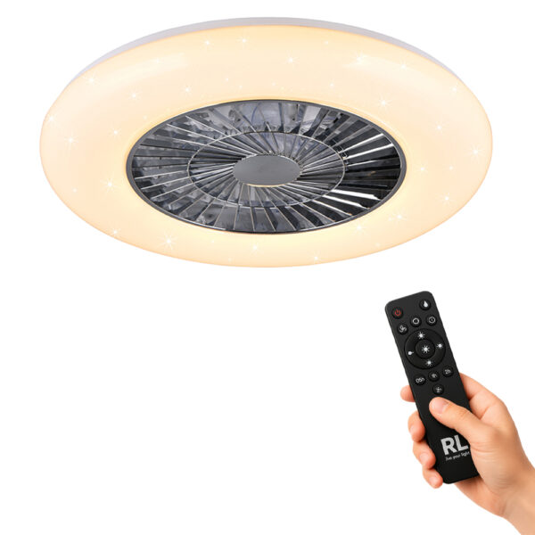 Plafondventilator LED met sterreneffect - dimbaar - met afstandsbediening - chroom